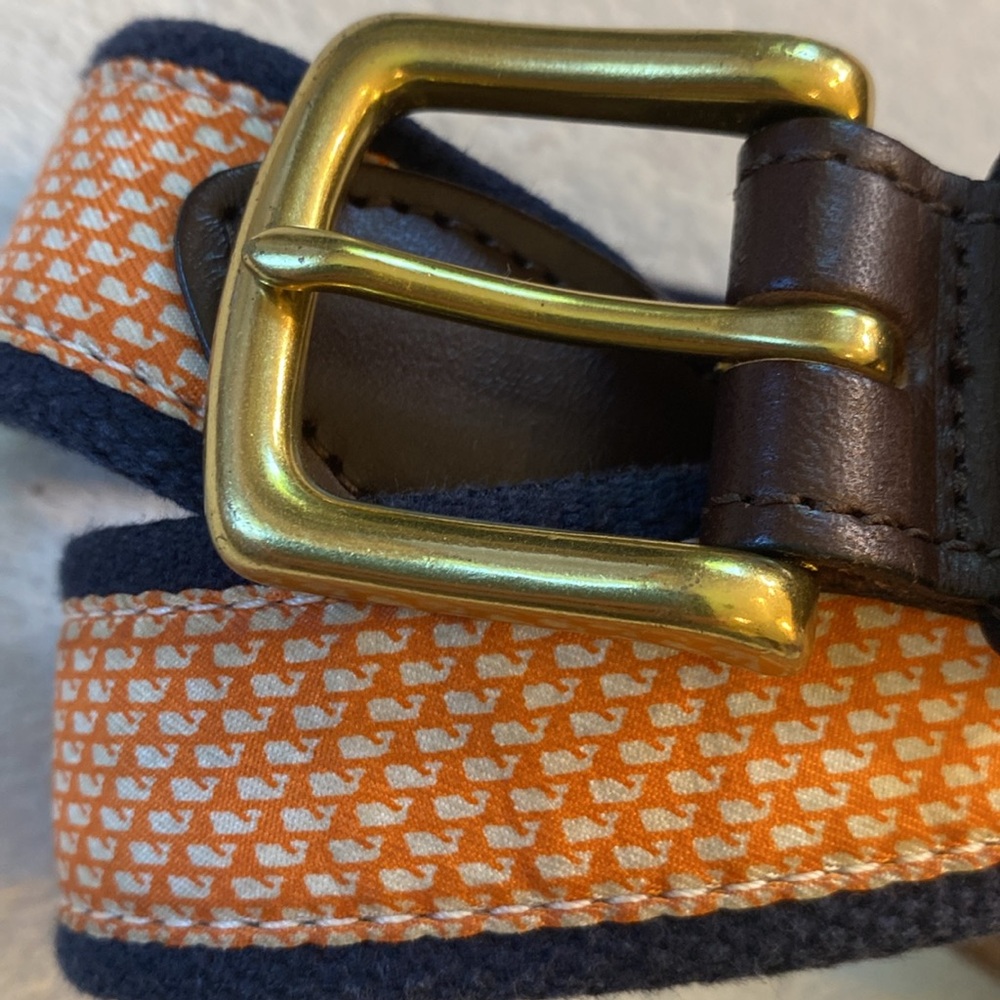 Vineyard Vines orange white whale navy canvas brass buckle leather accent belt - Picture 2 of 7